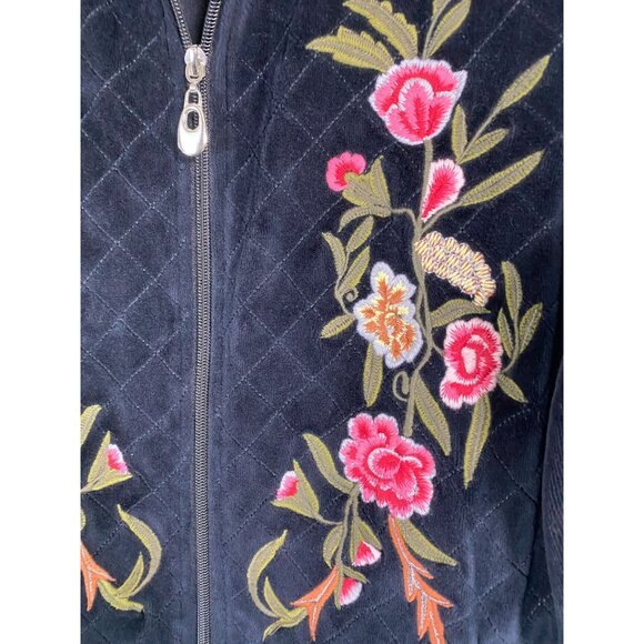 Natural Impressions Black Velour Quilted Floral Embroidered Jacket sz Large Zip - Picture 8 of 12
